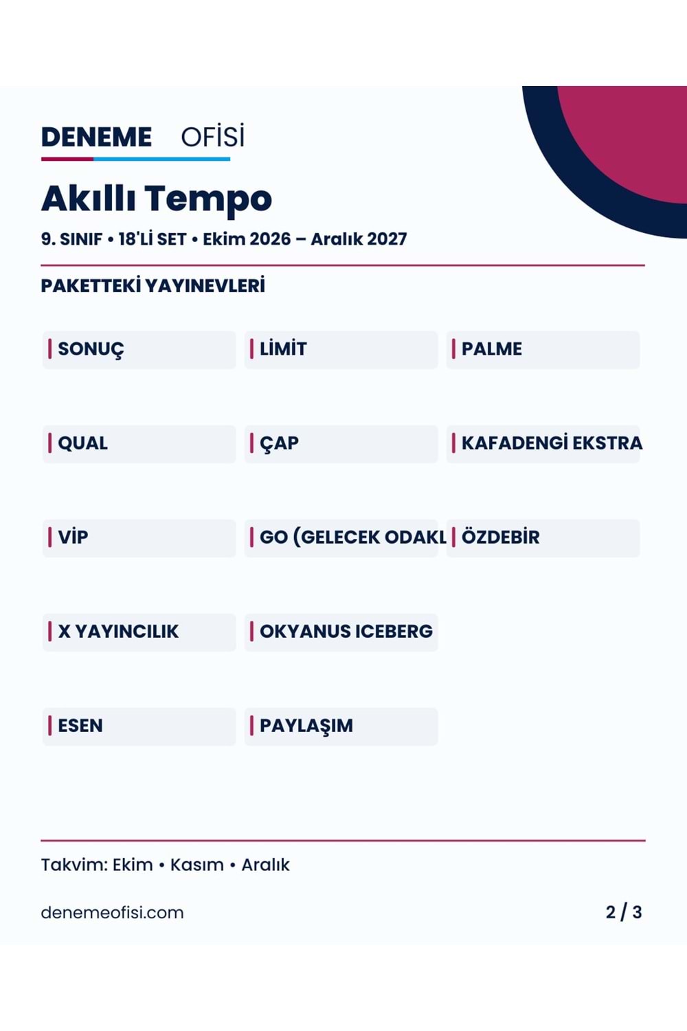 Akıllı Tempo 18'li 9. Sınıf Deneme Paketi – Seçenek 6 (2026–2027)