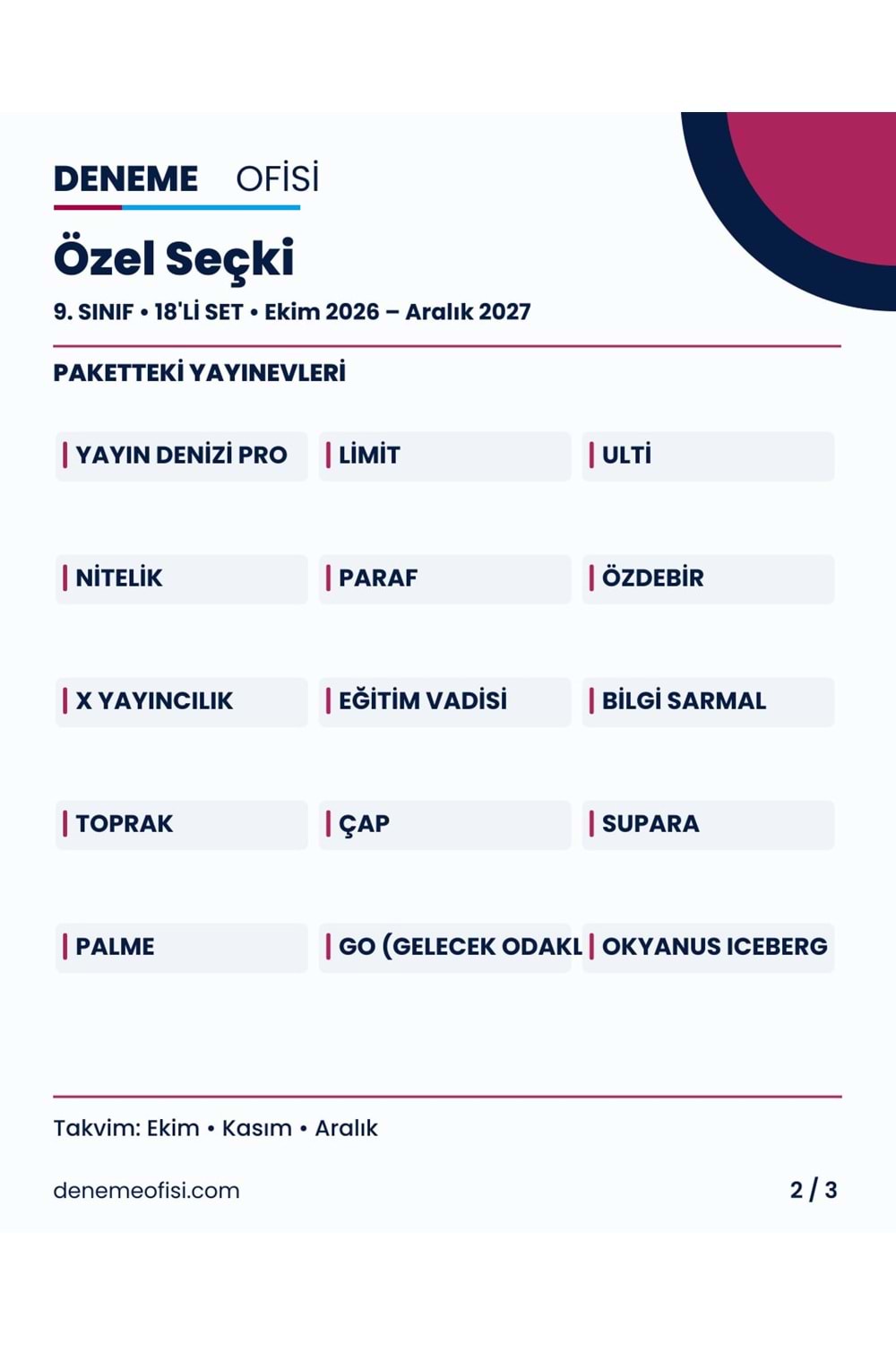 Özel Seçki 18'li 9. Sınıf Deneme Paketi – Seçenek 9 (2026–2027)