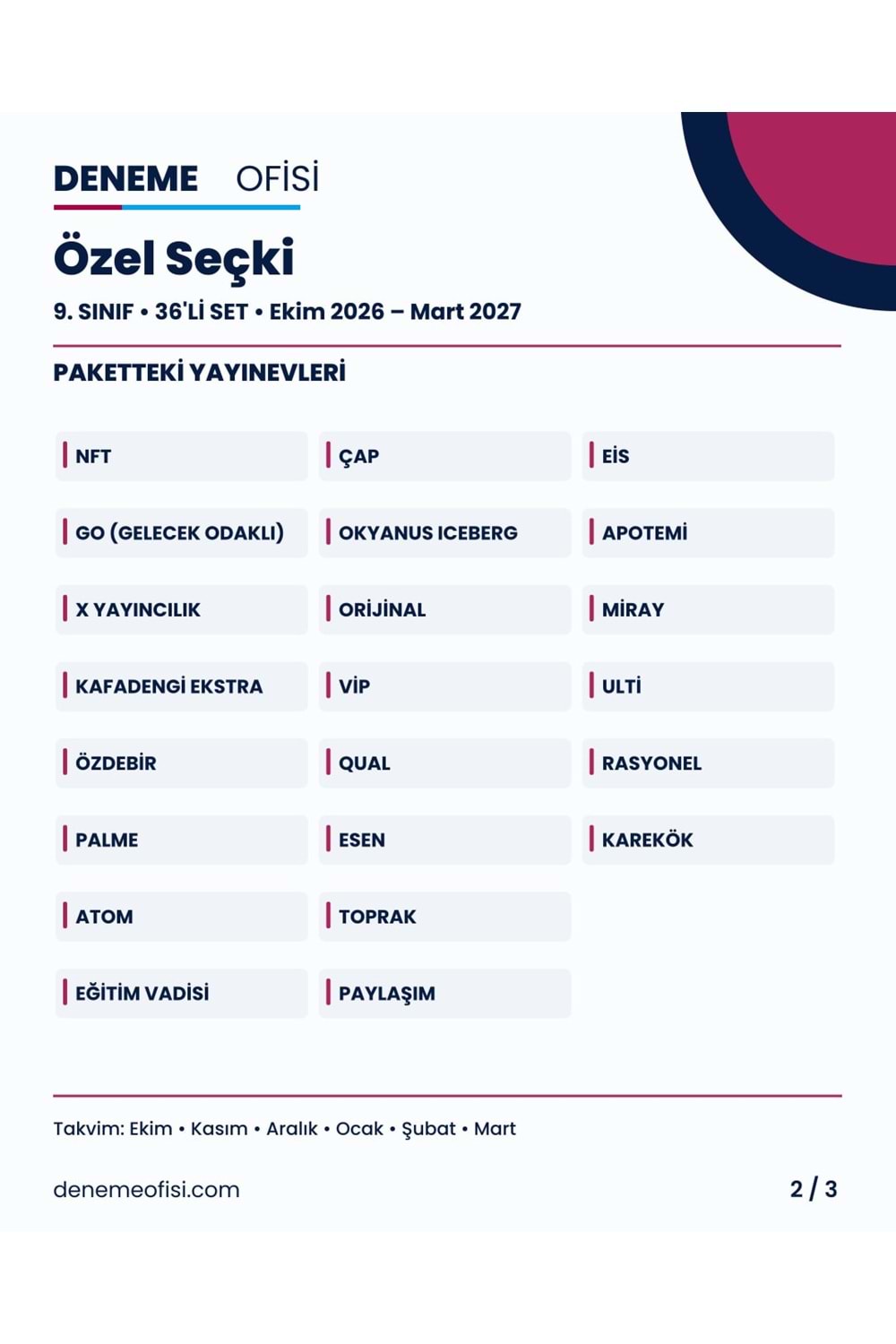 Özel Seçki 36'lı 9. Sınıf Deneme Paketi – Seçenek 9 (2026–2027)