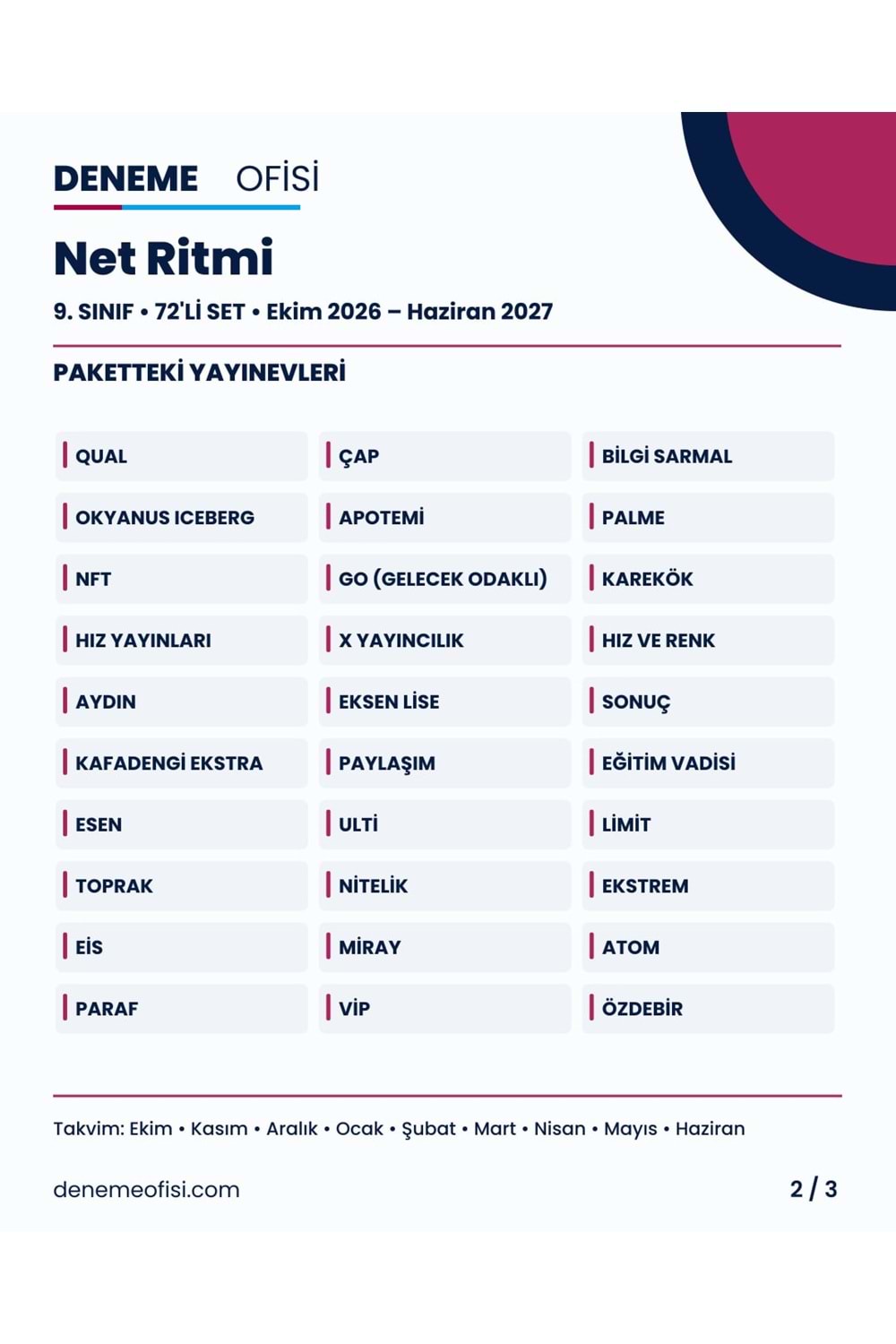 Net Ritmi 72'li 9. Sınıf Deneme Paketi – Seçenek 3 (2026–2027)