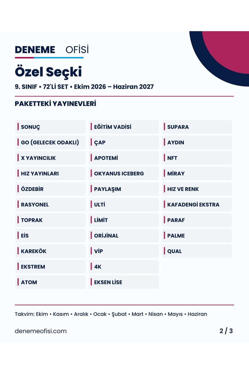 Özel Seçki 72'li 9. Sınıf Deneme Paketi – Seçenek 9 (2026–2027)