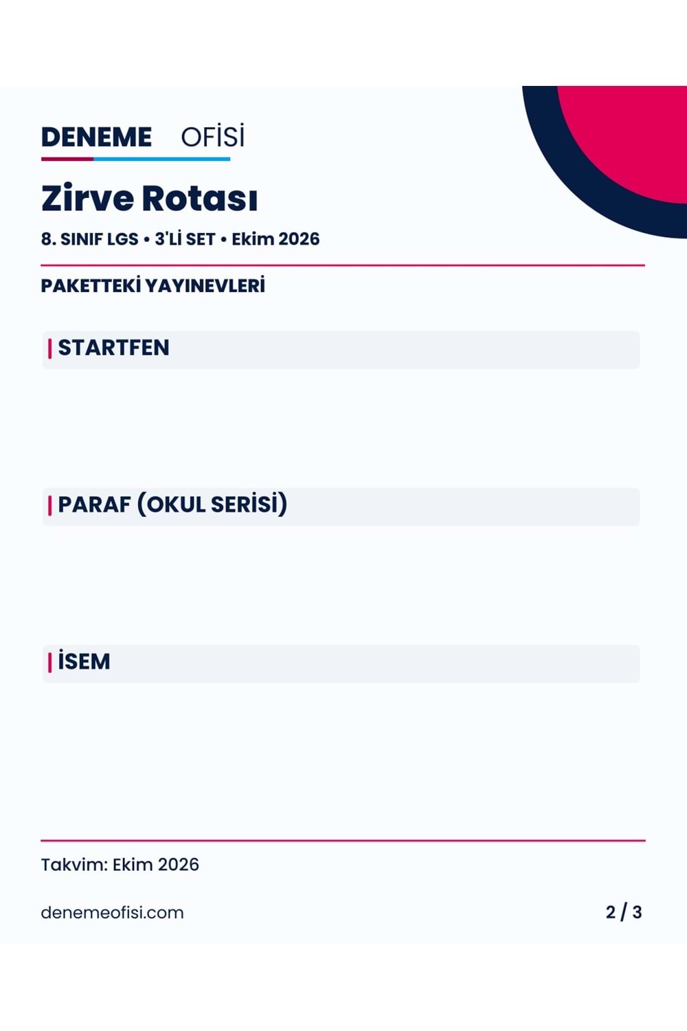 Zirve Rotası 3'lü 8. Sınıf LGS Deneme Paketi – Seçenek 7 (2026–2027)