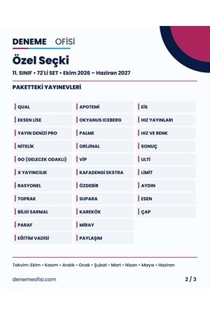 Özel Seçki 72'li 11. Sınıf Deneme Paketi – Seçenek 9 (2026–2027)