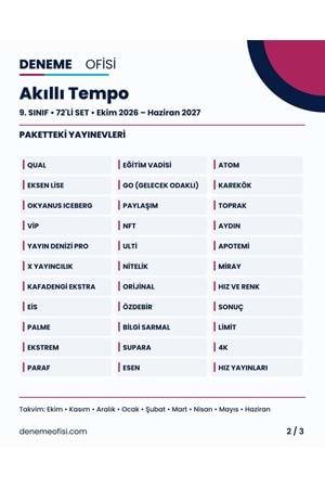 Akıllı Tempo 72'li 9. Sınıf Deneme Paketi – Seçenek 6 (2026–2027)