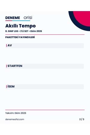Akıllı Tempo 3'lü 8. Sınıf LGS Deneme Paketi – Seçenek 6 (2026–2027)